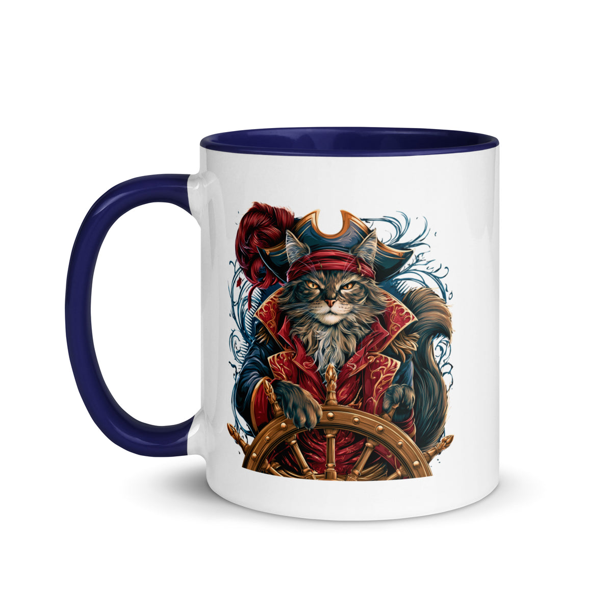 Cat in pirate attire on a mug with a blue handle