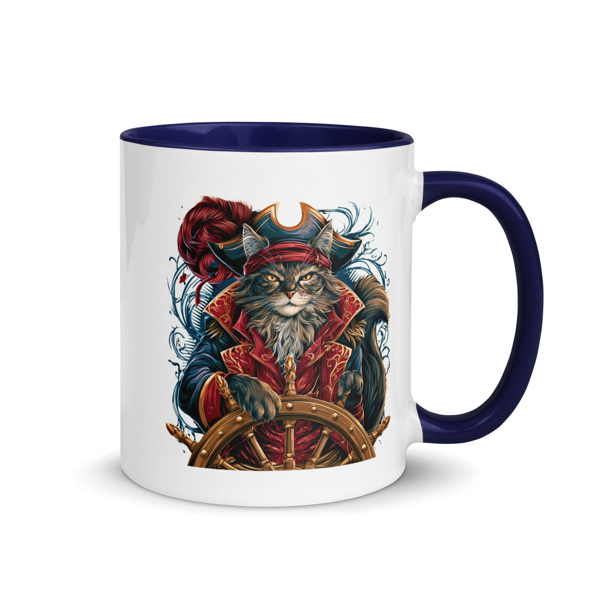 Pirate cat design on a mug featuring a blue interior