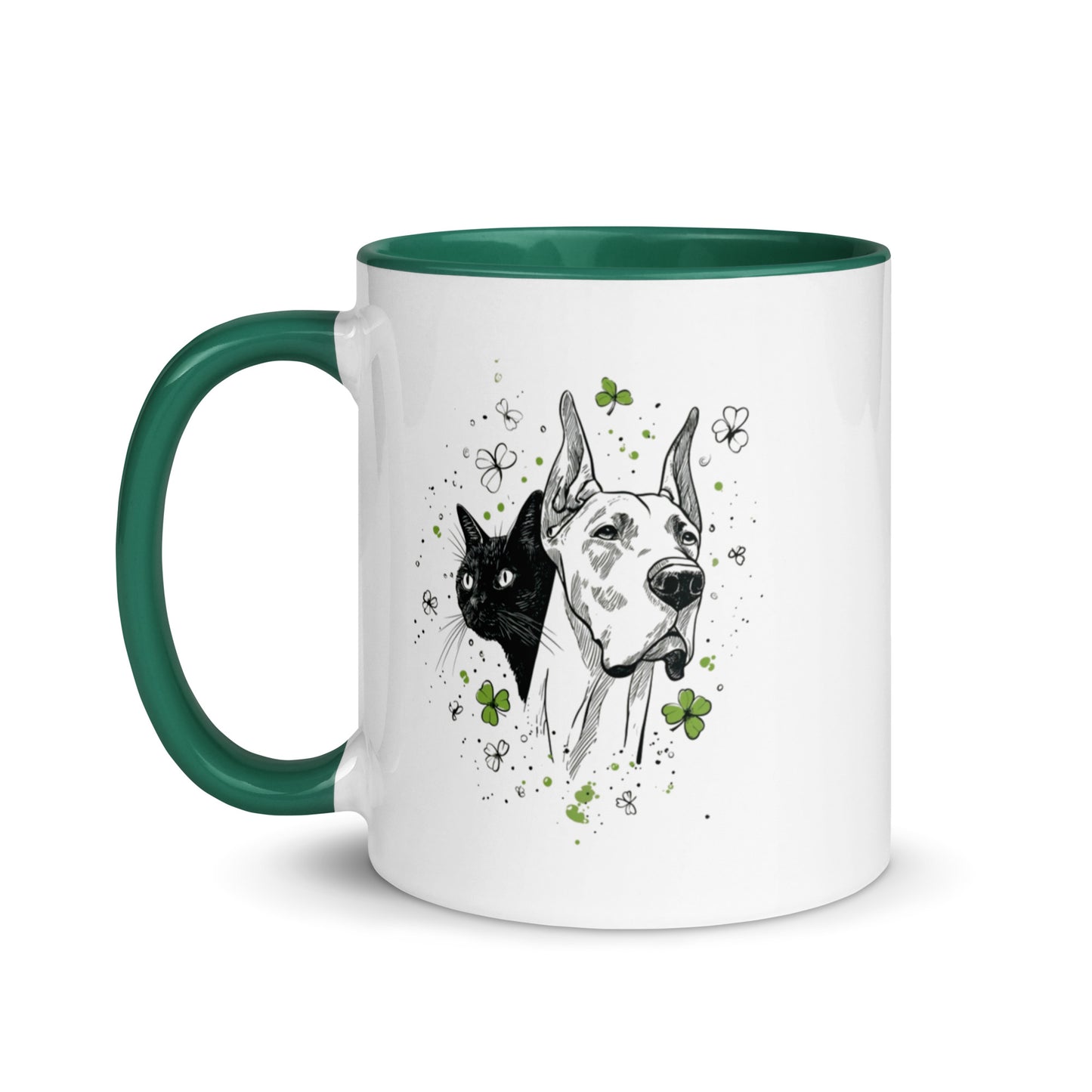 White mug with Green handle and interior featuring ink sketch Great Dane and black cat with shamrocks.