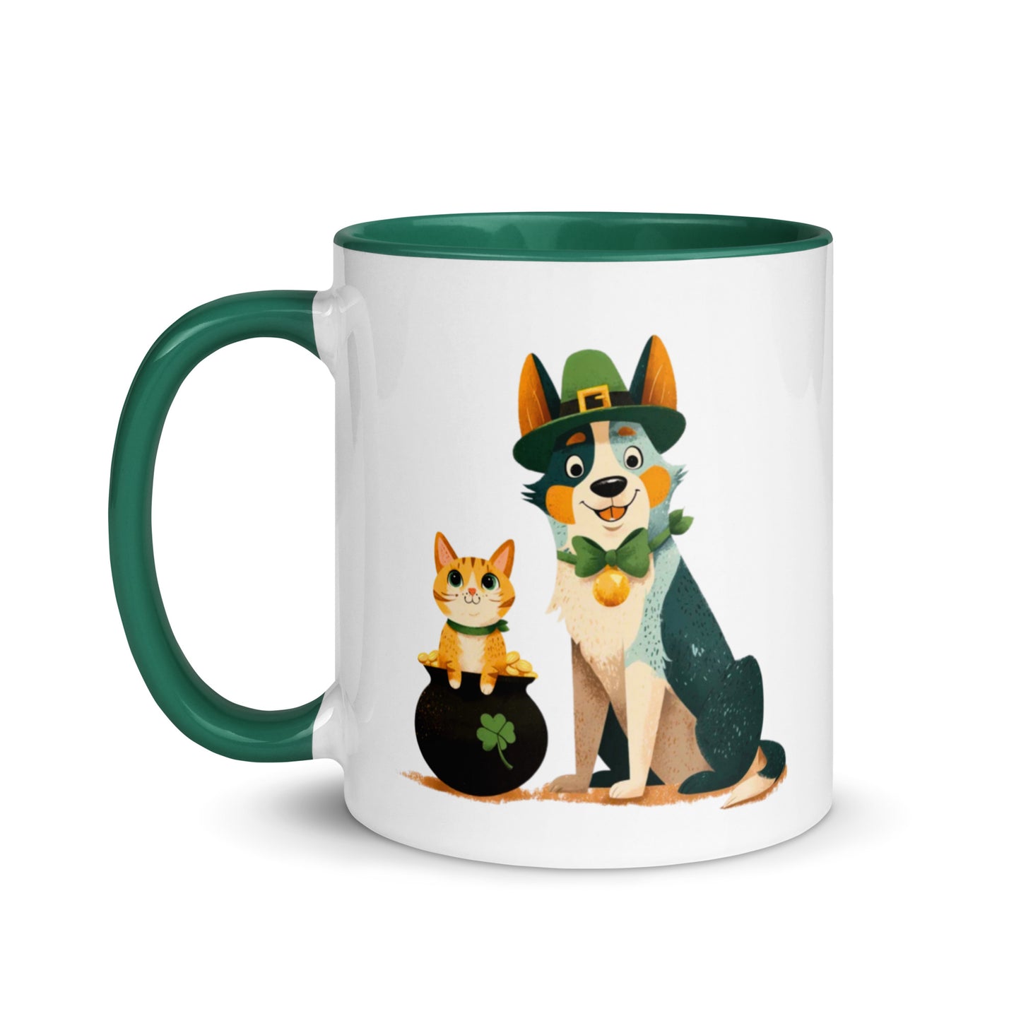 Blue Heeler in leprechaun hat with ginger cat in pot of gold St Patrick’s Day accent mug, green colored handle