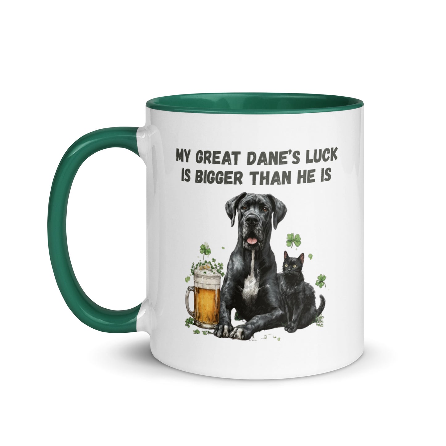 Funny Great Dane and black cat St Patrick’s Day accent mug with beer and shamrocks, quote ‘My Great Dane’s Luck Is Bigger Than He Is"