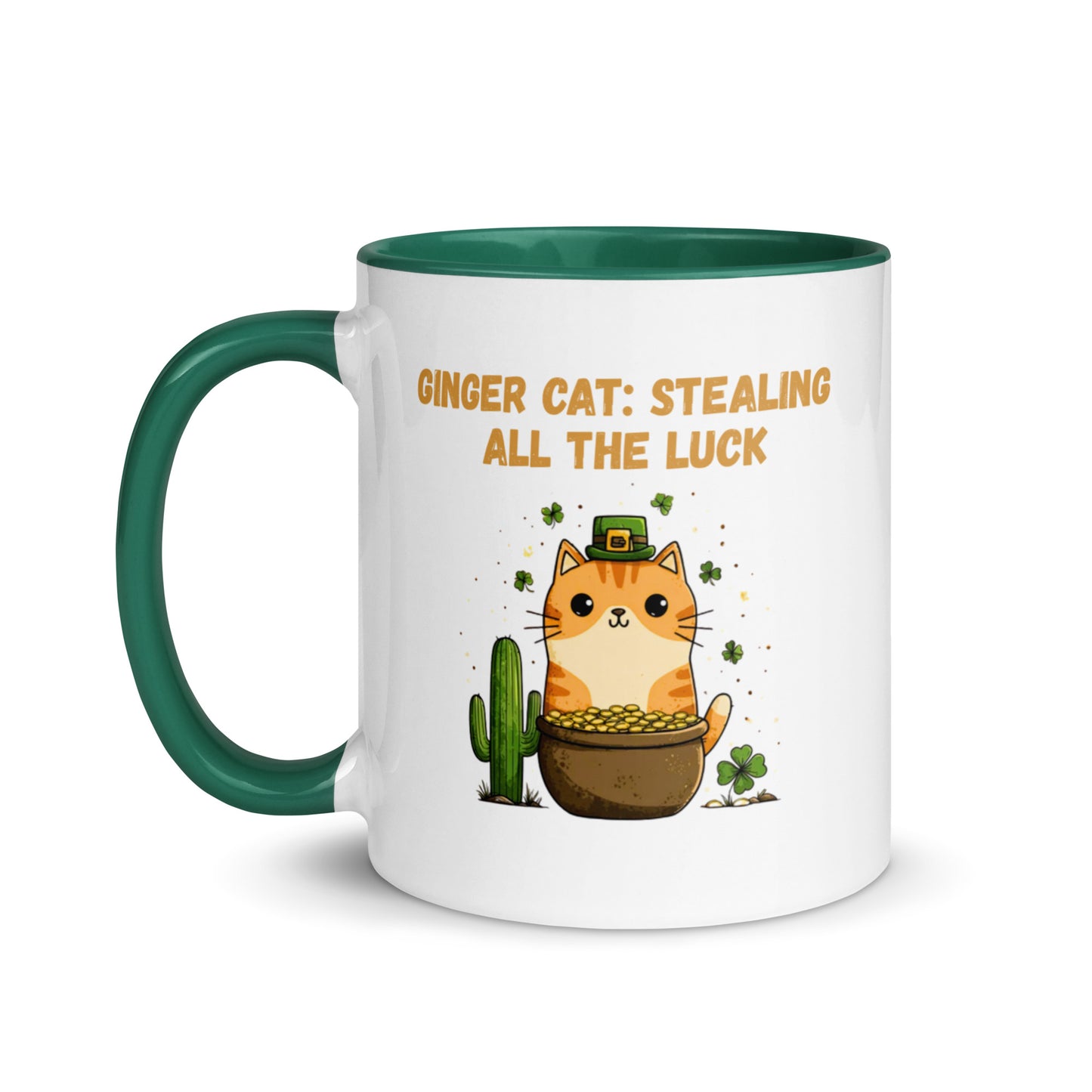 Ginger Cat Stealing All the Luck St. Patrick’s Day mug with orange tabby, pot of gold, shamrocks and saguaro cactus, green handle