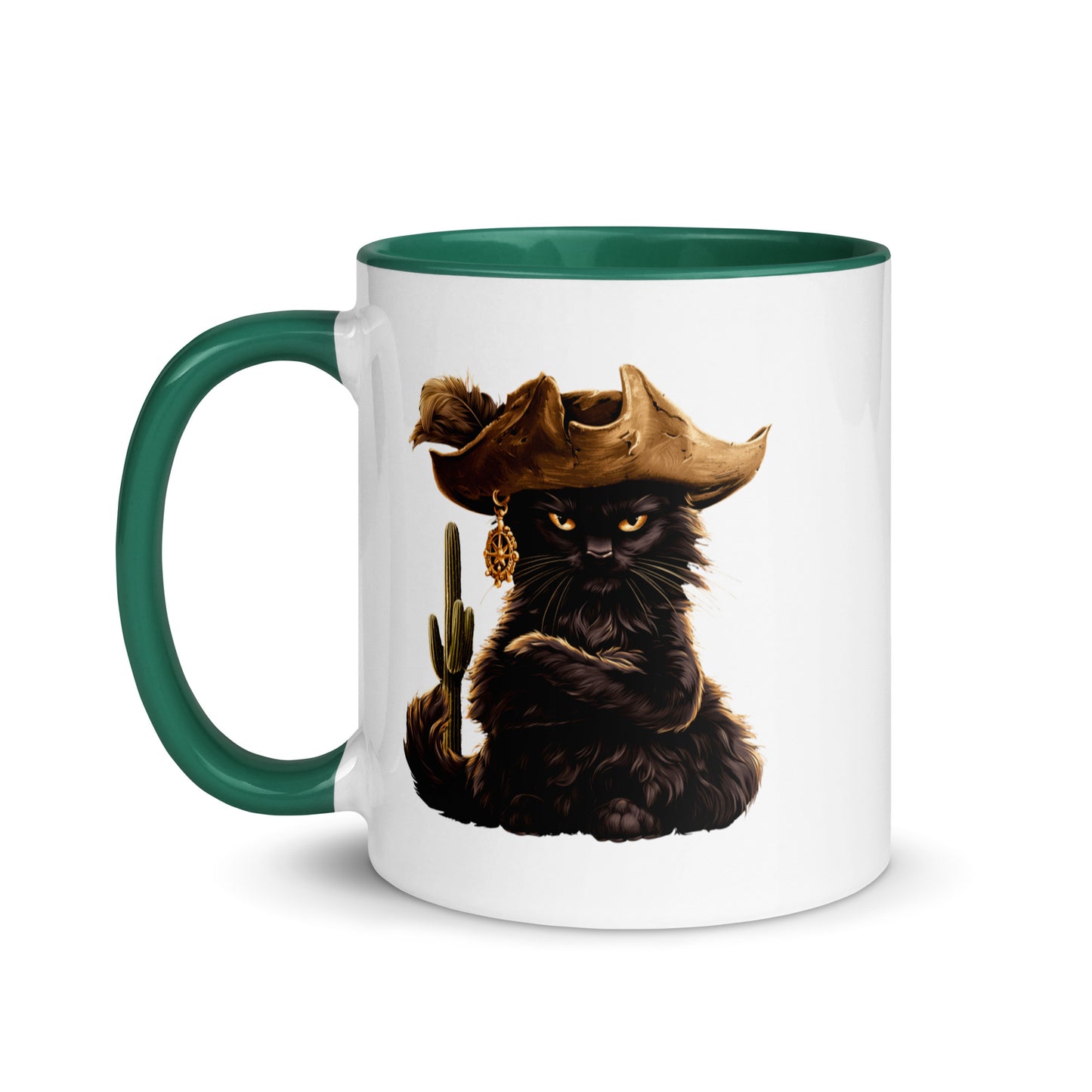 Black cat in a cowboy hat with a cactus on a white mug with a green handle