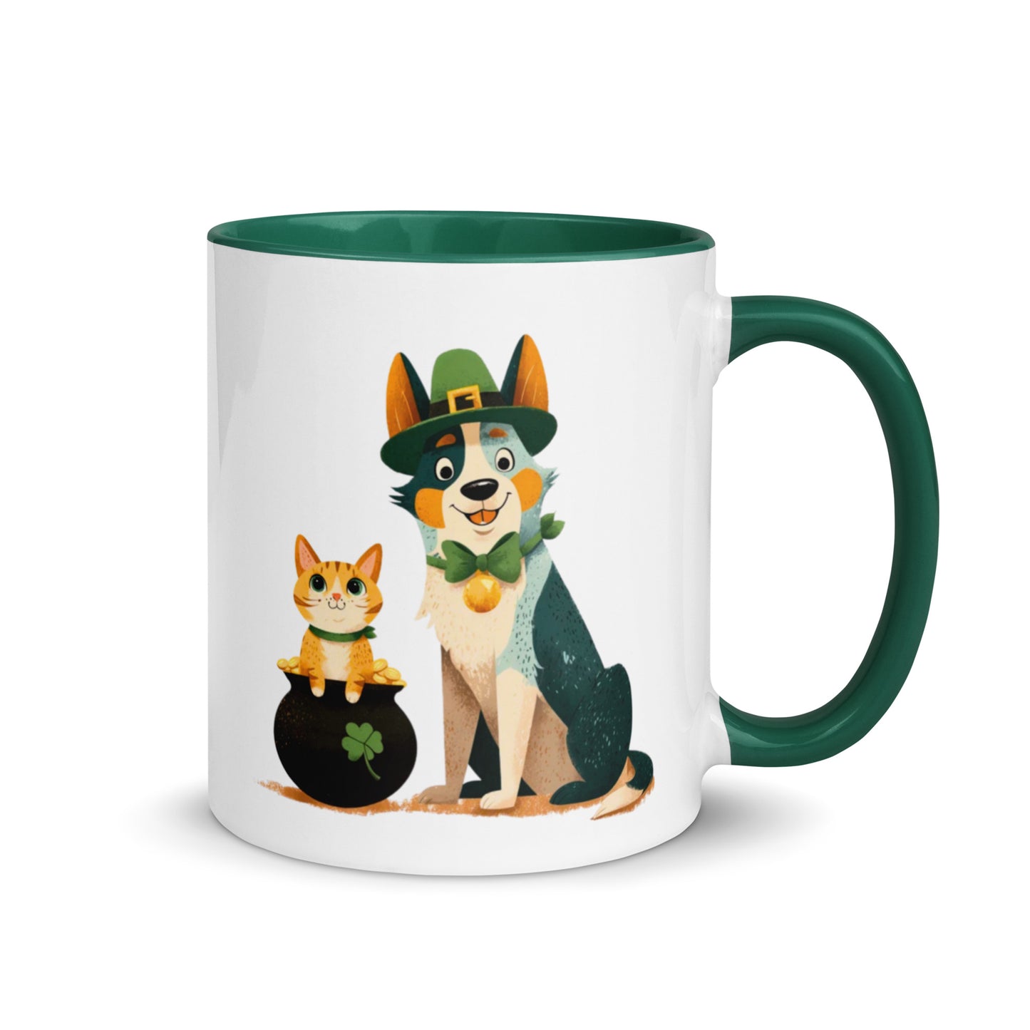 Blue Heeler in leprechaun hat with ginger cat in pot of gold St Patrick’s Day accent mug, dark green colored handle