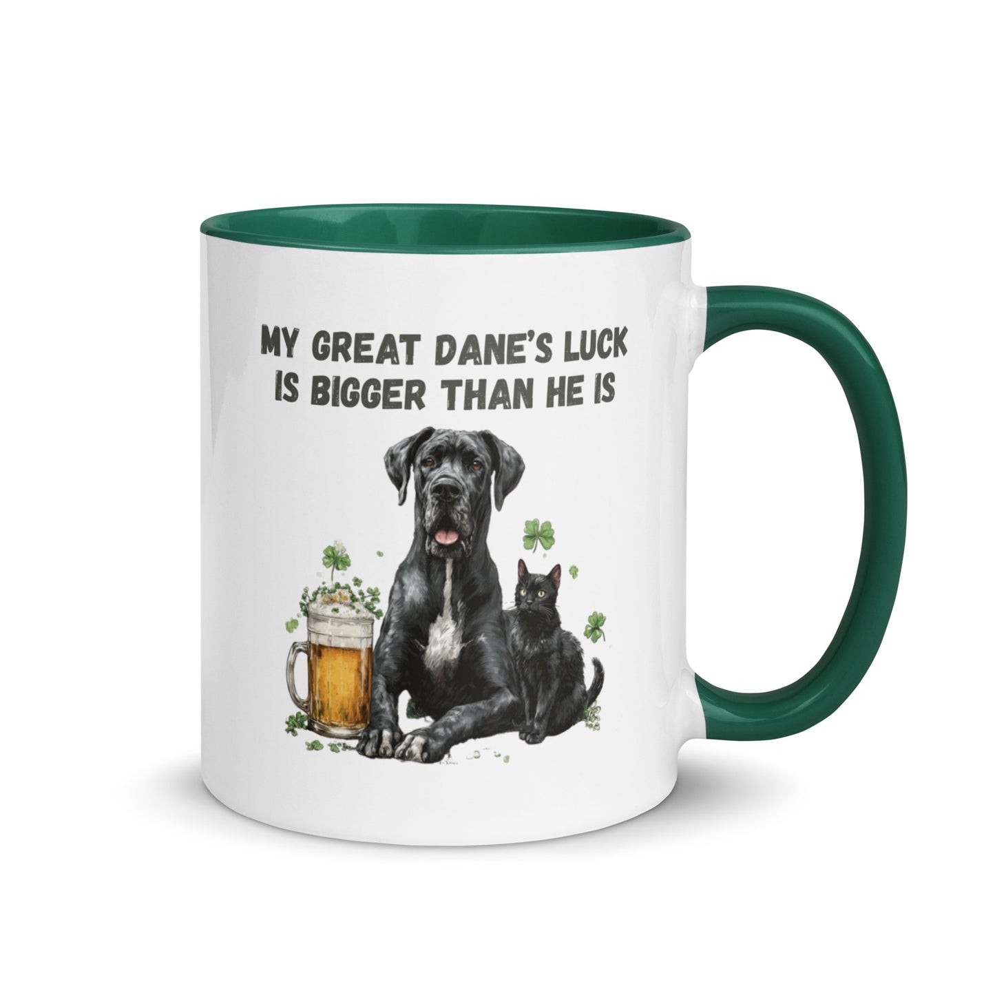 Funny Great Dane and black cat St Patrick’s Day accent mug with beer and shamrocks, quote ‘My Great Dane’s Luck Is Bigger Than He Is"