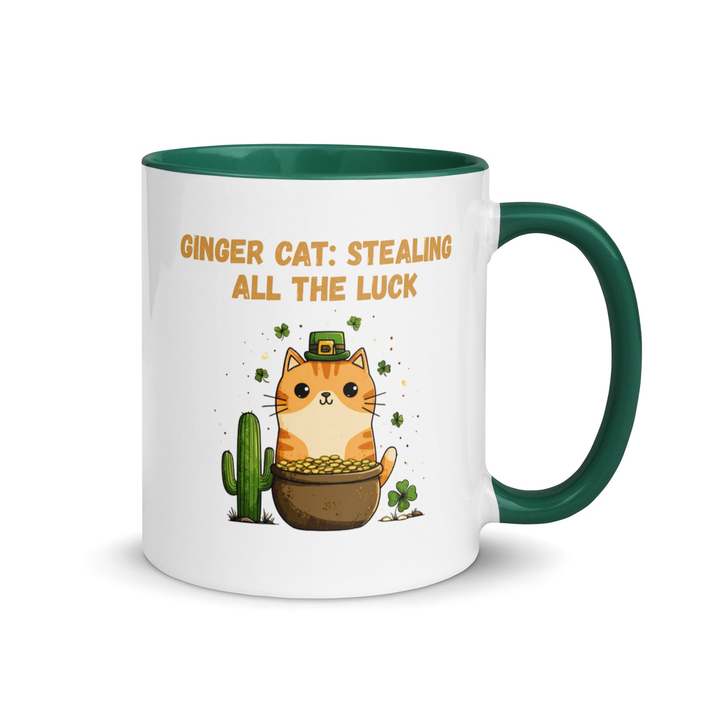Ginger Cat Stealing All the Luck St. Patrick’s Day mug with orange tabby, pot of gold, shamrocks and saguaro cactus, green handle