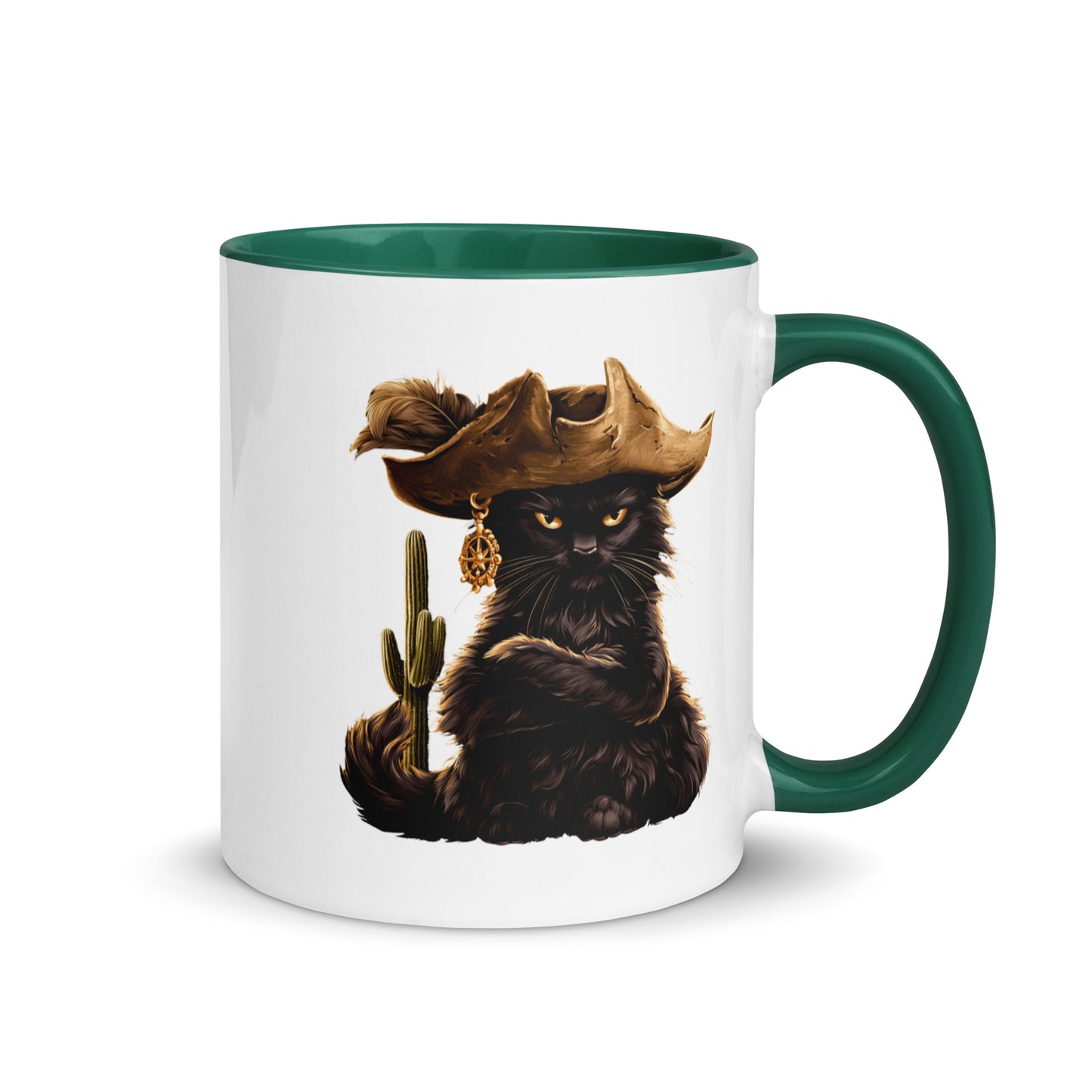 Black cat in a cowboy hat with a cactus on a white mug with a green interior
