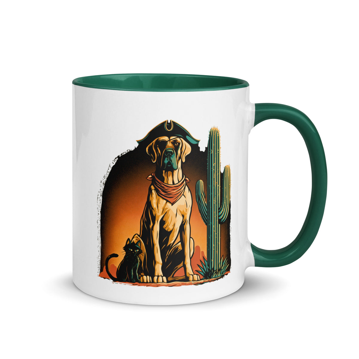 High Desert Rogues Mug with a dog in a pirate hat and a cat beside a cactus