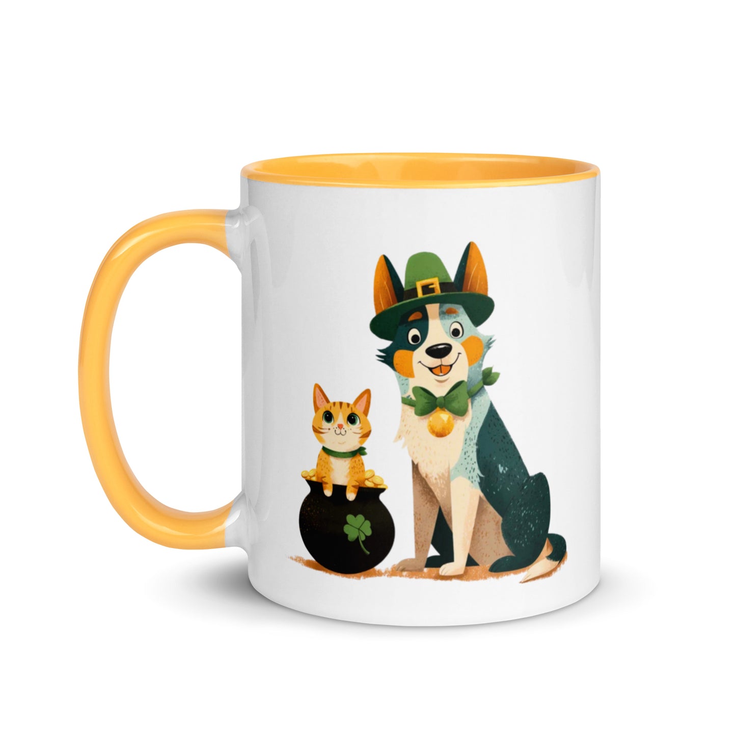 Blue Heeler in leprechaun hat with ginger cat in pot of gold St Patrick’s Day accent mug, yellow gold colored handle