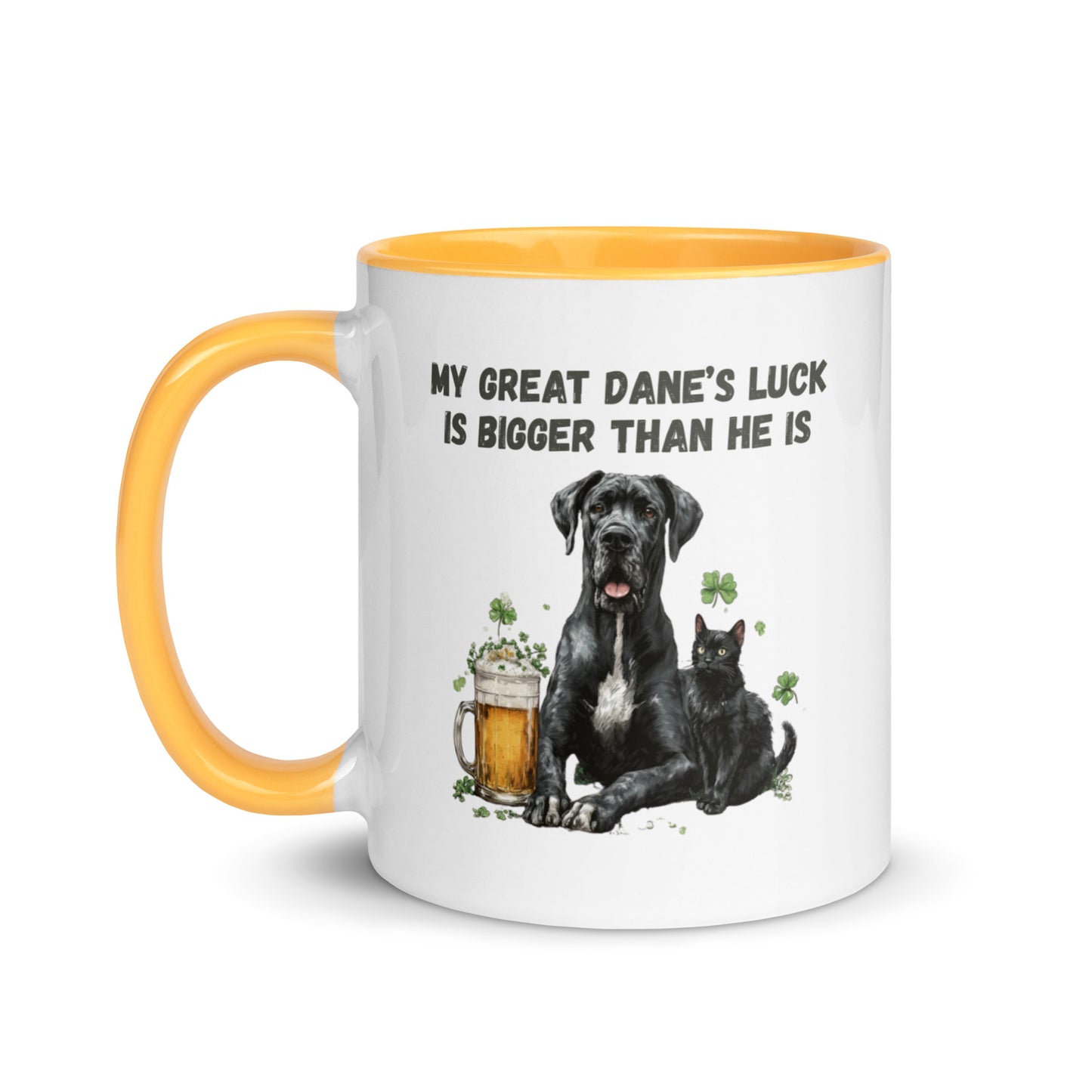 Funny Great Dane and black cat St Patrick’s Day accent mug with beer and shamrocks, quote ‘My Great Dane’s Luck Is Bigger Than He Is"