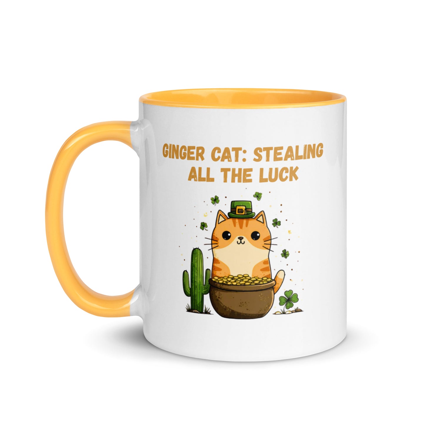 Ginger Cat Stealing All the Luck St. Patrick’s Day mug with orange tabby, pot of gold, shamrocks and saguaro cactus, gold handle