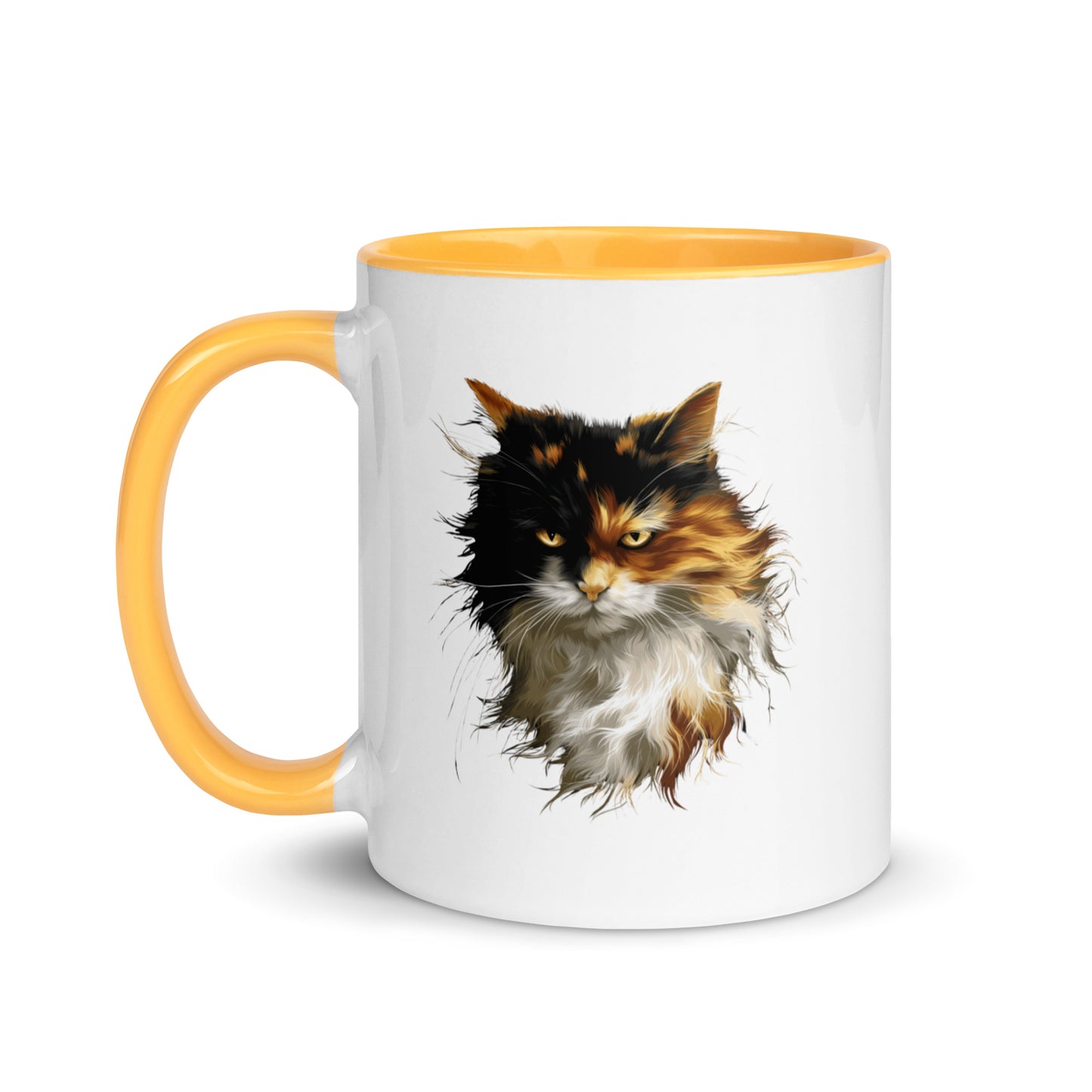 Calico cat coffee mug with warm long-haired cat portrait and yellow colored handle