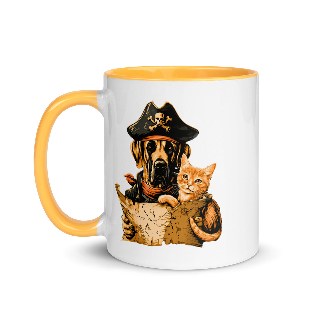 Mug displaying a pirate dog and cat with a treasure map, yellow interior