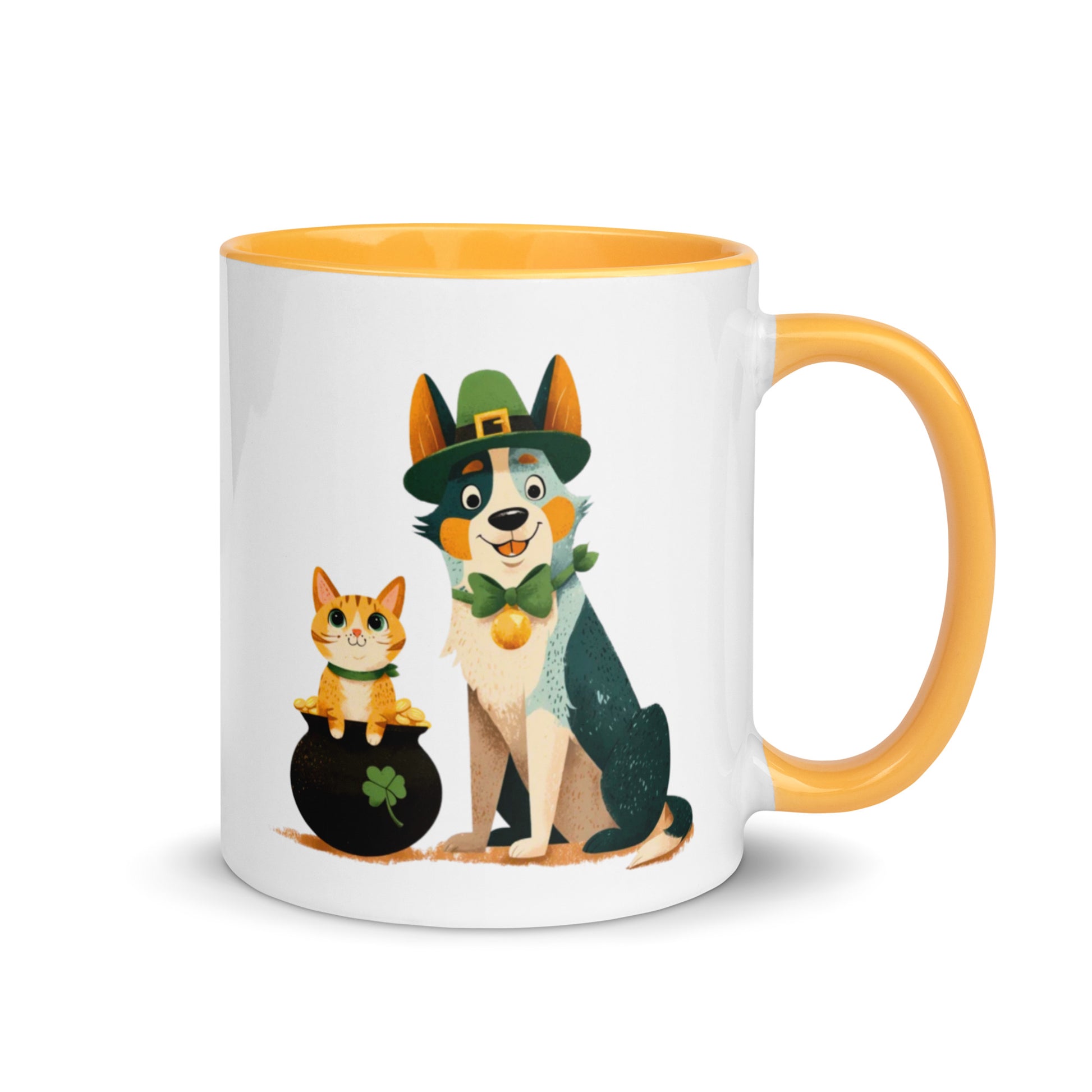 Blue Heeler in leprechaun hat with ginger cat in pot of gold St Patrick’s Day accent mug, yellow gold colored handle