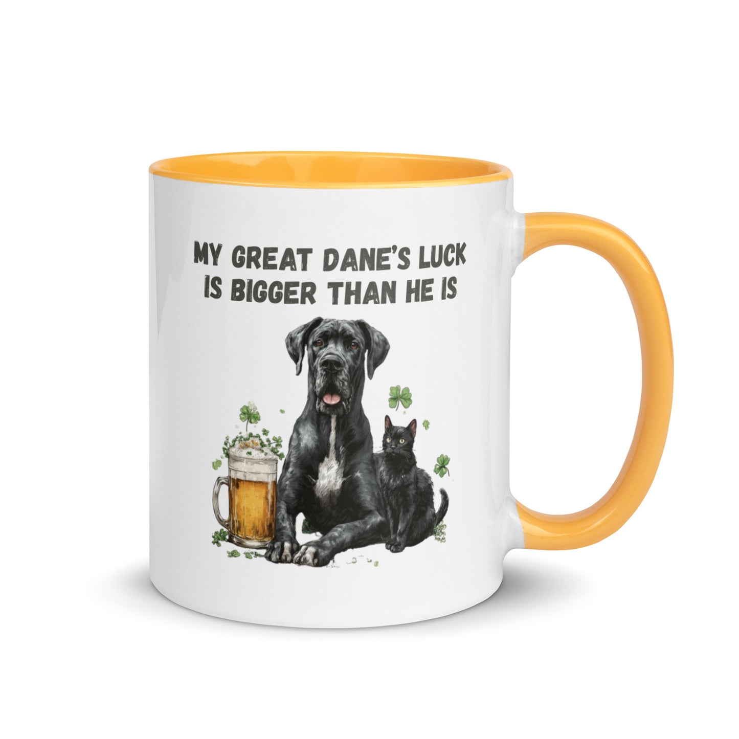 Funny Great Dane and black cat St Patrick’s Day accent mug with beer and shamrocks, quote ‘My Great Dane’s Luck Is Bigger Than He Is"