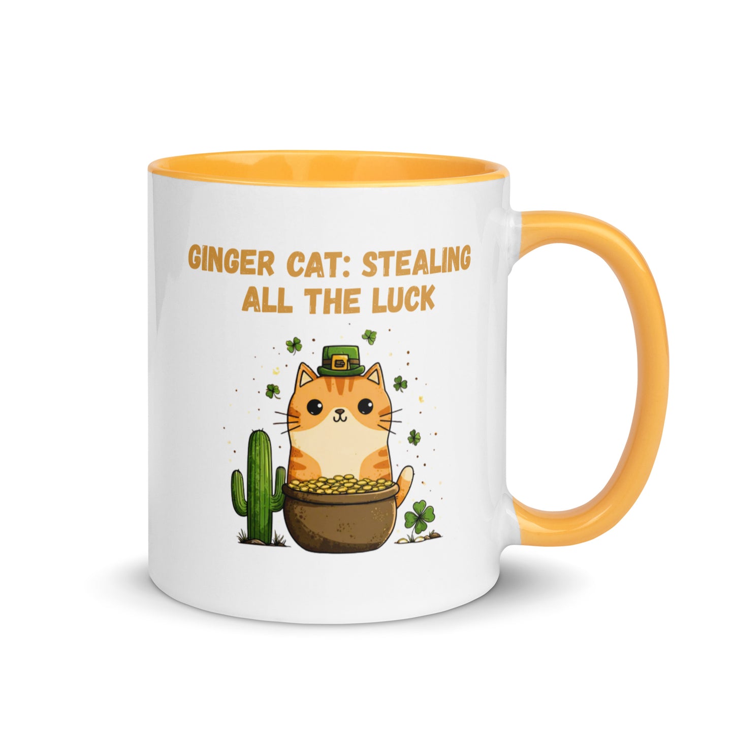 Ginger Cat Stealing All the Luck St. Patrick’s Day mug with orange tabby, pot of gold, shamrocks and saguaro cactus, gold handle