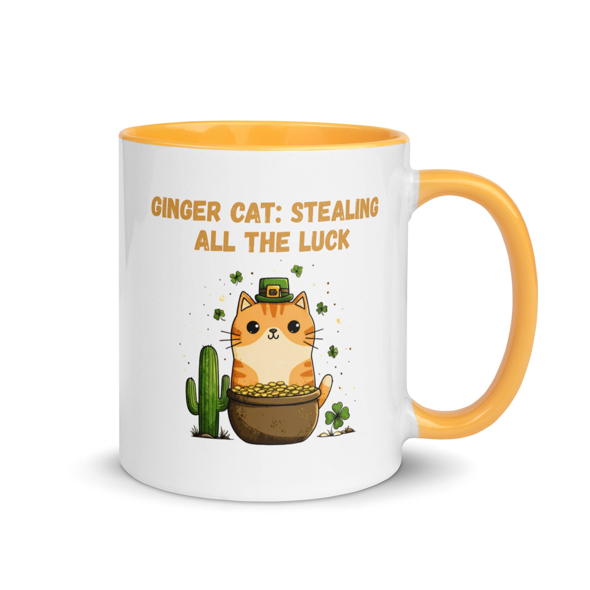 Ginger Cat Stealing All the Luck St. Patrick’s Day mug with orange tabby, pot of gold, shamrocks and saguaro cactus, gold handle