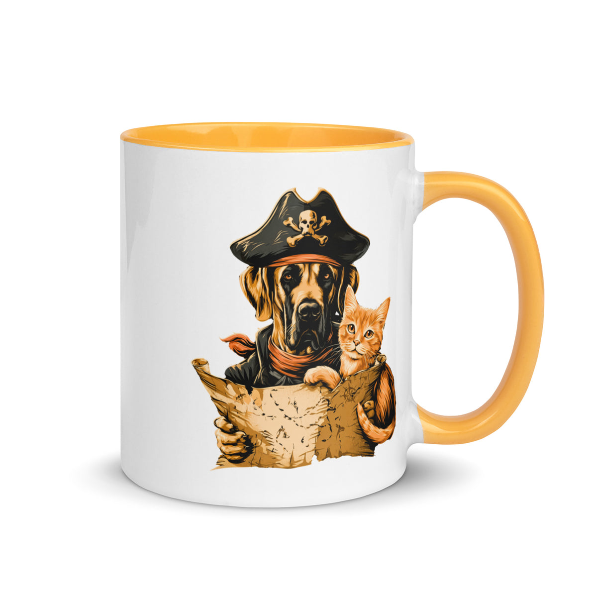 Mug with a pirate dog and a cat holding a treasure map with a yellow interior