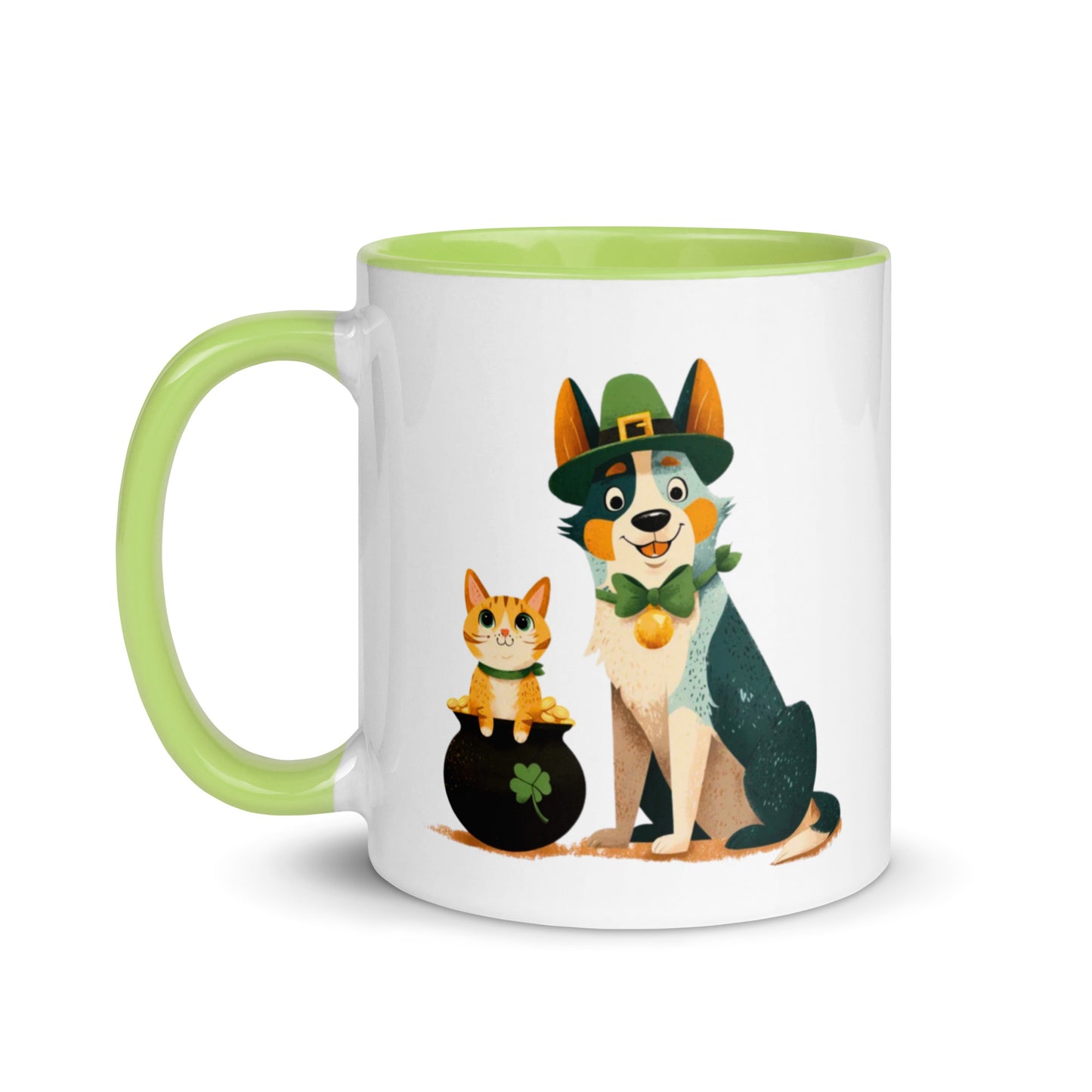 Blue Heeler in leprechaun hat with ginger cat in pot of gold St Patrick’s Day accent mug, light green colored handle