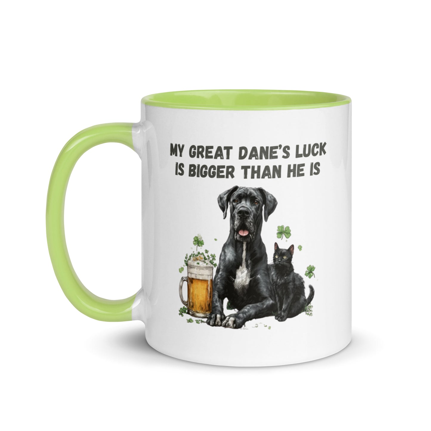 Funny Great Dane and black cat St Patrick’s Day accent mug with beer and shamrocks, quote ‘My Great Dane’s Luck Is Bigger Than He Is"