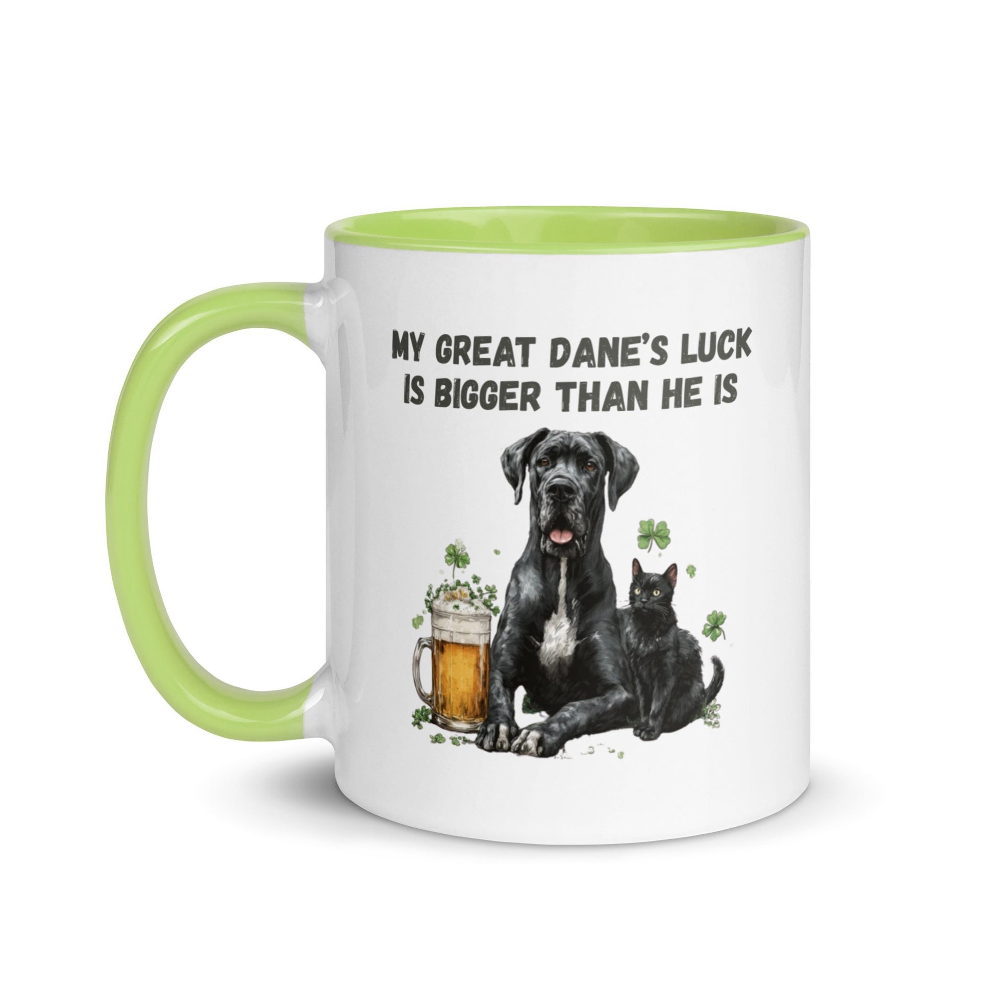 Funny Great Dane and black cat St Patrick’s Day accent mug with beer and shamrocks, quote ‘My Great Dane’s Luck Is Bigger Than He Is"