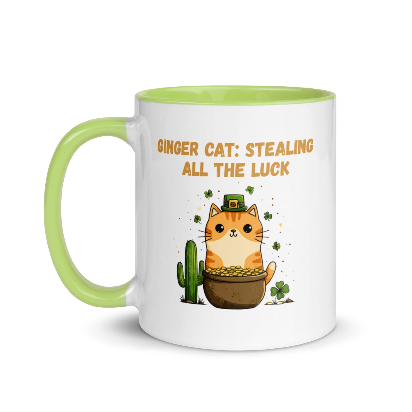 Ginger Cat Stealing All the Luck St. Patrick’s Day mug with orange tabby, pot of gold, shamrocks and saguaro cactus, light green handle