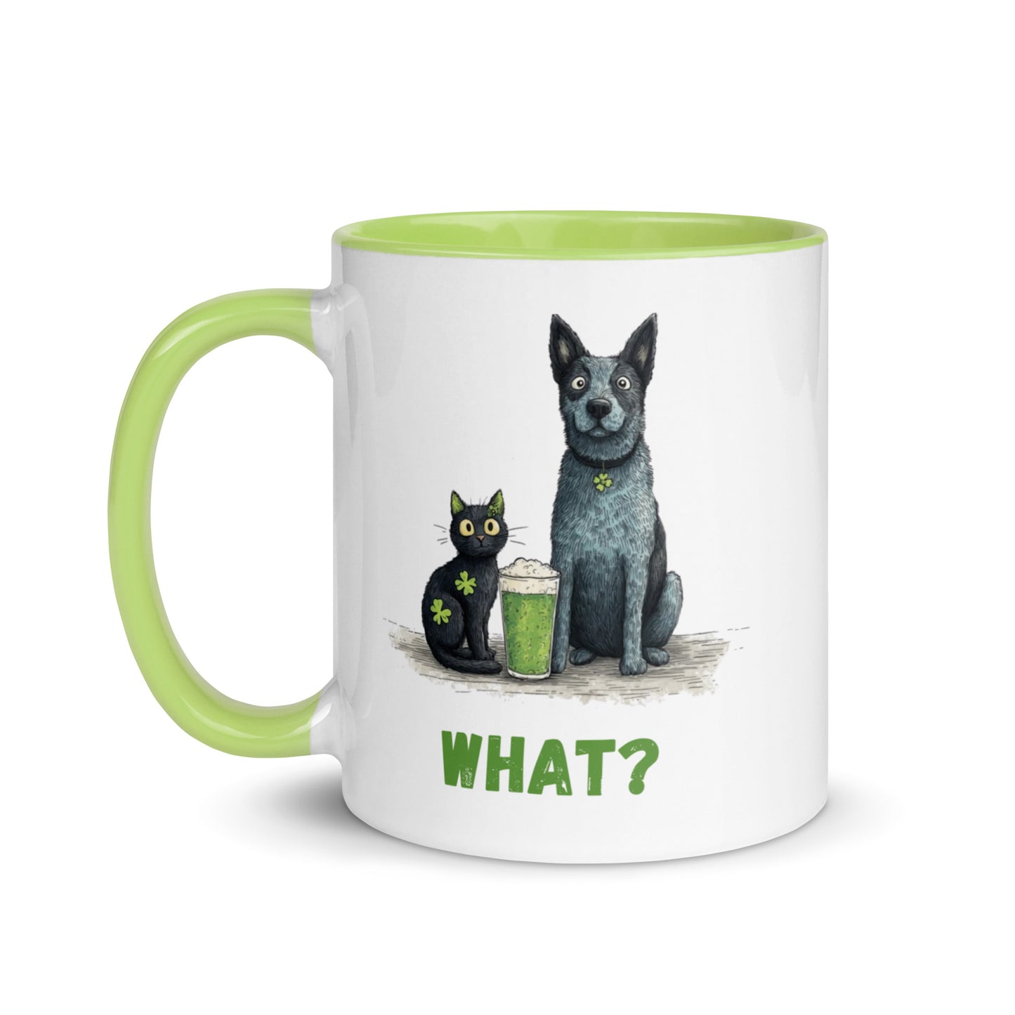Blue heeler and black cat ‘WHAT?’ St. Patrick’s Day mug, light green rim and handle