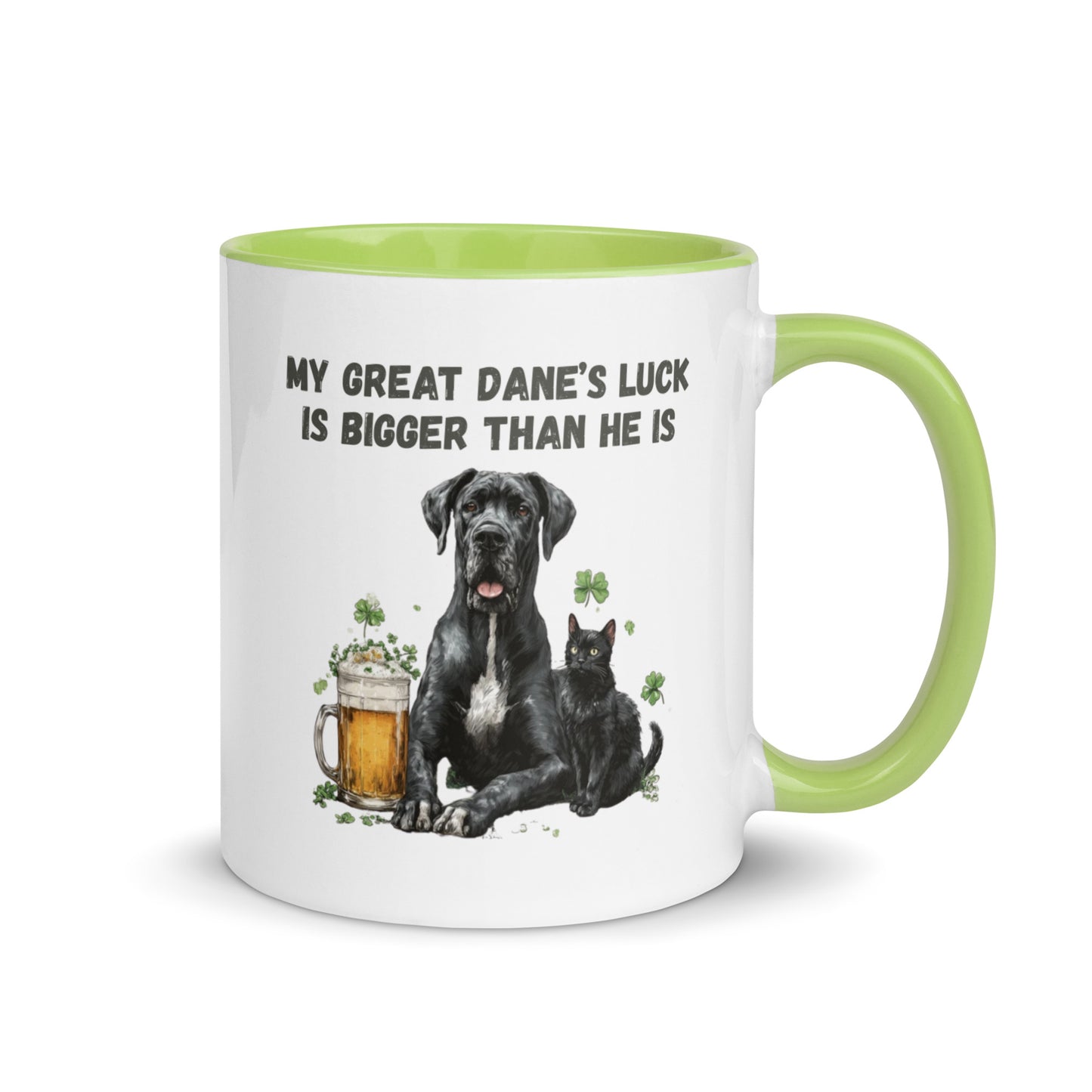 Funny Great Dane and black cat St Patrick’s Day accent mug with beer and shamrocks, quote ‘My Great Dane’s Luck Is Bigger Than He Is"