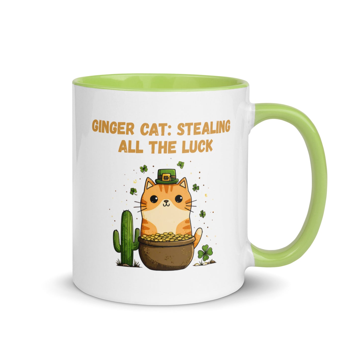 Ginger Cat Stealing All the Luck St. Patrick’s Day mug with orange tabby, pot of gold, shamrocks and saguaro cactus, light green handle