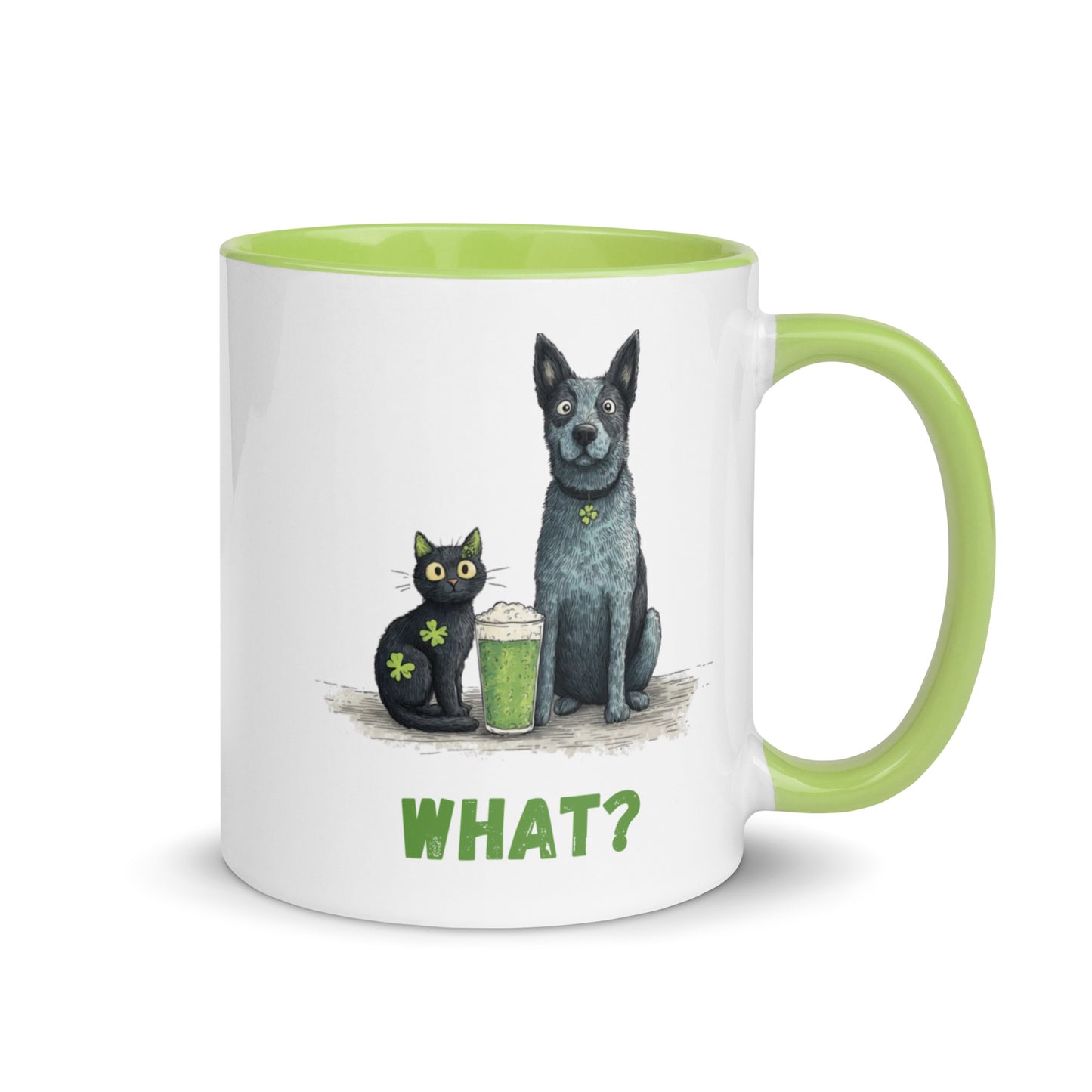 Light green handle accent mug, blue heeler and black cat with green beer, ‘WHAT?’ text