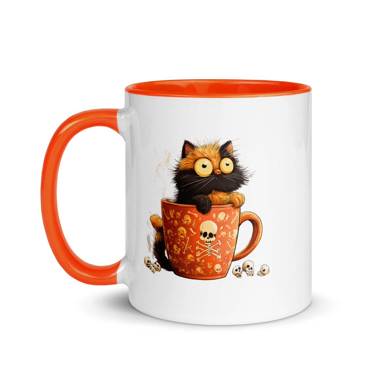 White mug with orange handle and interior, featuring a cartoon illustration of a calico cat with skulls somehow manages to be cute and edgy at the same time.