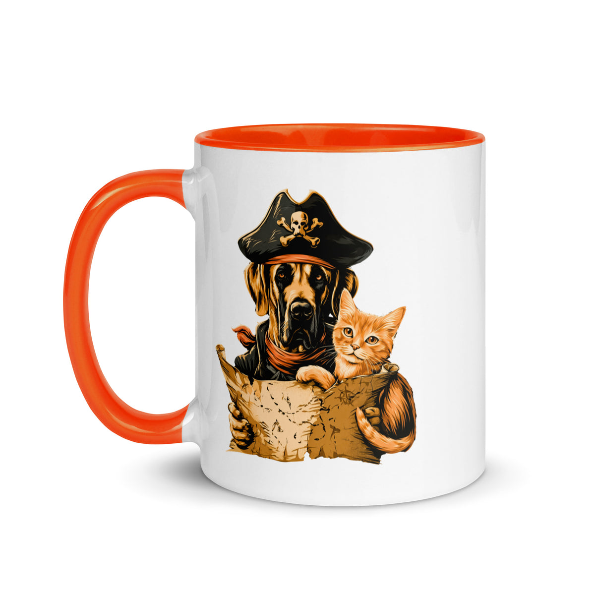 Mug featuring a pirate dog and a cat holding a treasure map with an orange handle