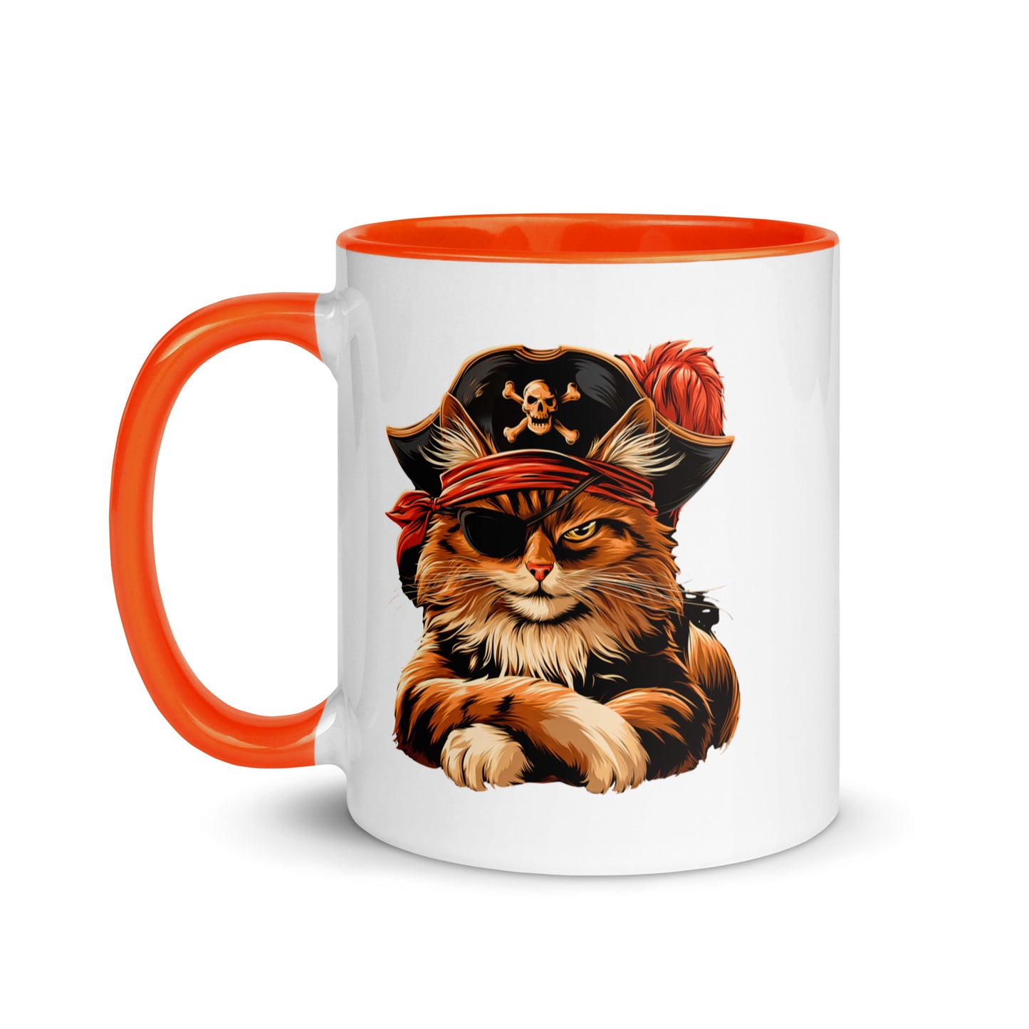 Orange-handled mug with a pirate cat design, complete with an eye patch and a skull hat.