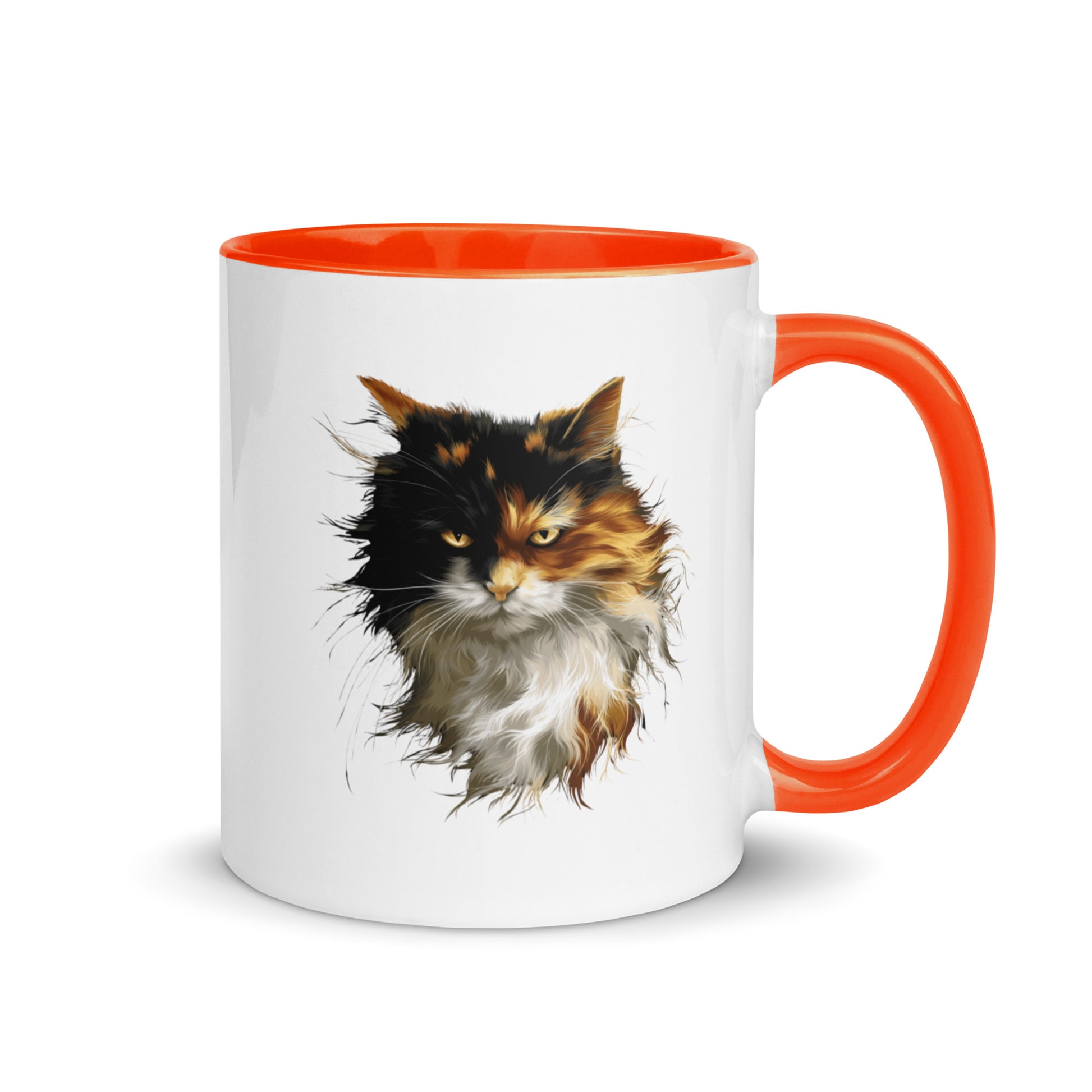 Calico cat coffee mug with warm long-haired cat portrait and colored handle