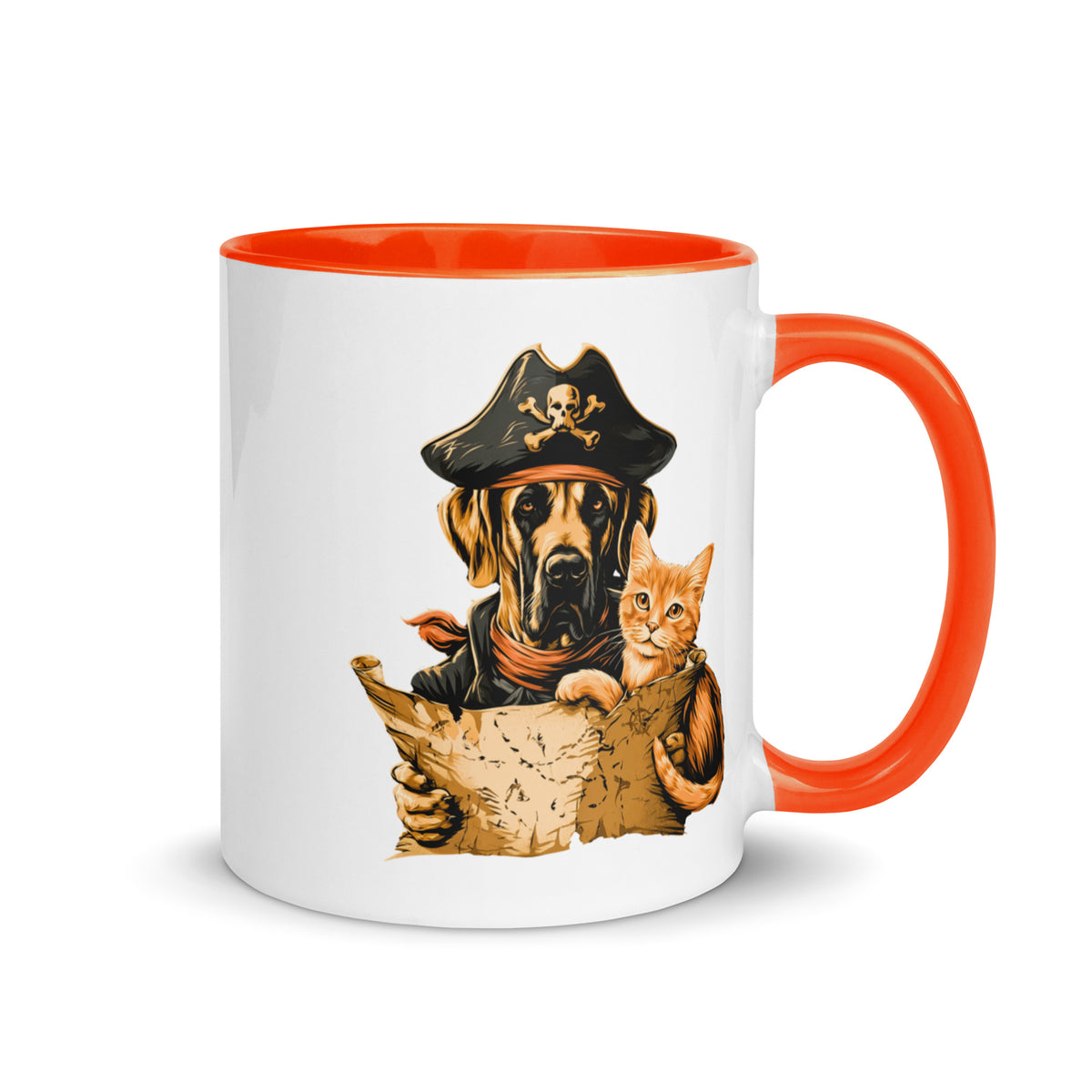 Mug showcasing a pirate dog and cat with a treasure map, orange interior