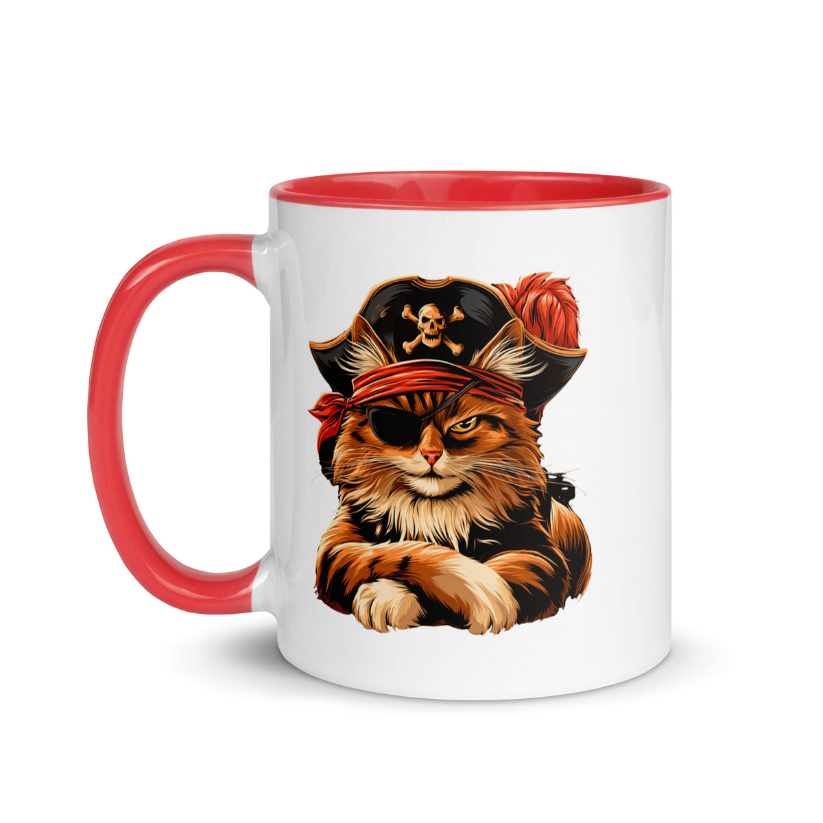 White mug with red handle featuring a pirate cat design wearing a hat and eye patch