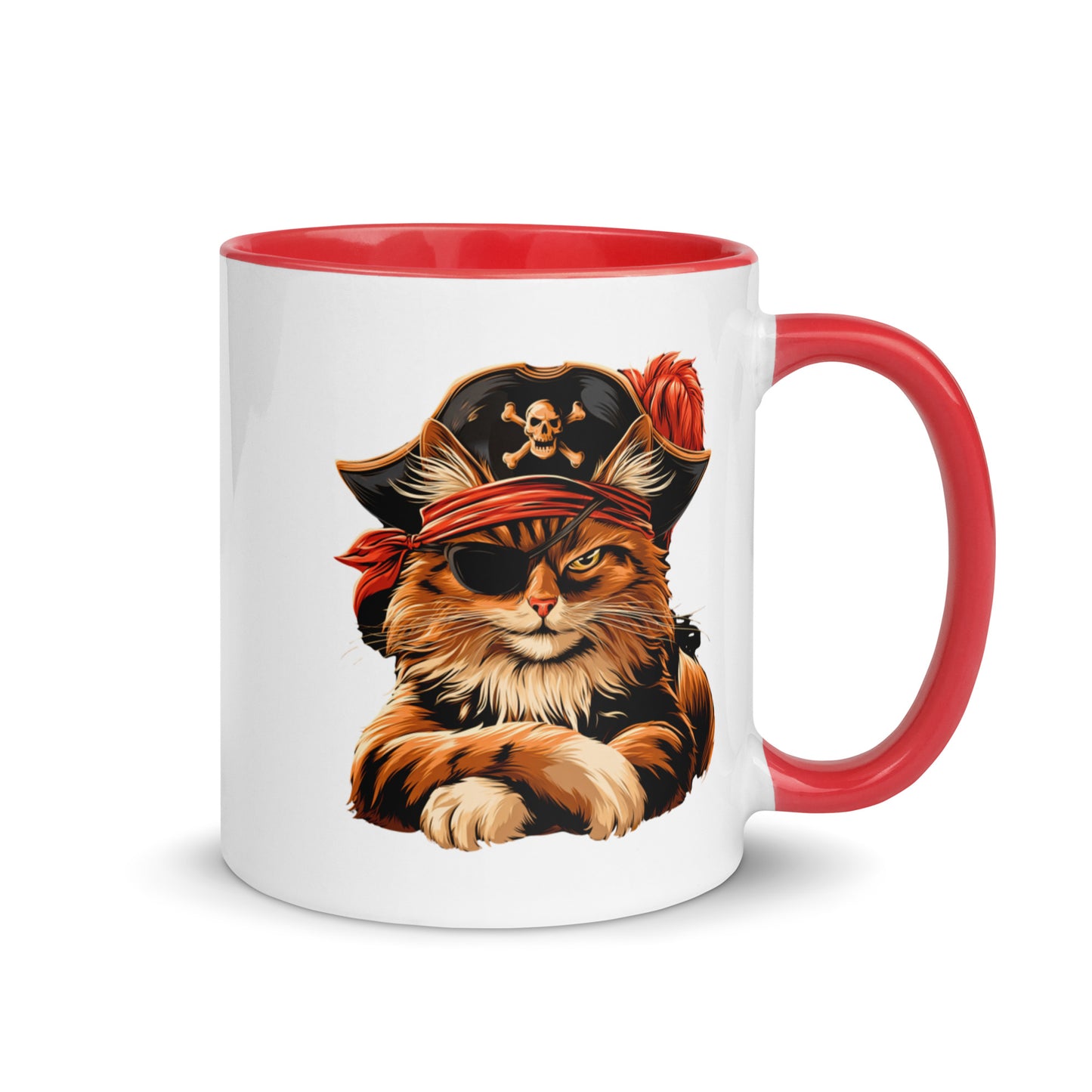 Red-handled mug with a pirate cat design, showcasing an eye patch and a skull hat.