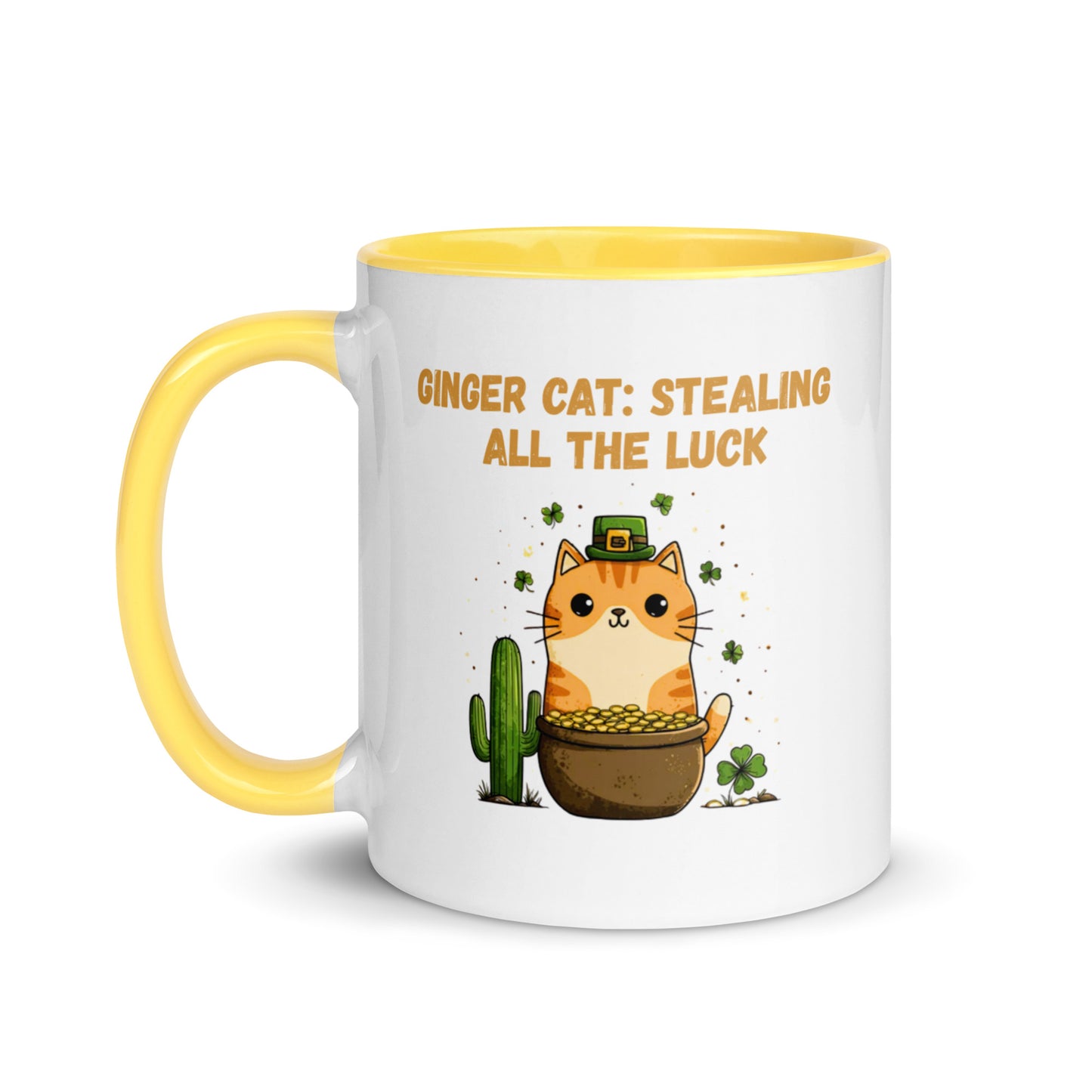 Ginger Cat Stealing All the Luck St. Patrick’s Day mug with orange tabby, pot of gold, shamrocks and saguaro cactus, yellow handle