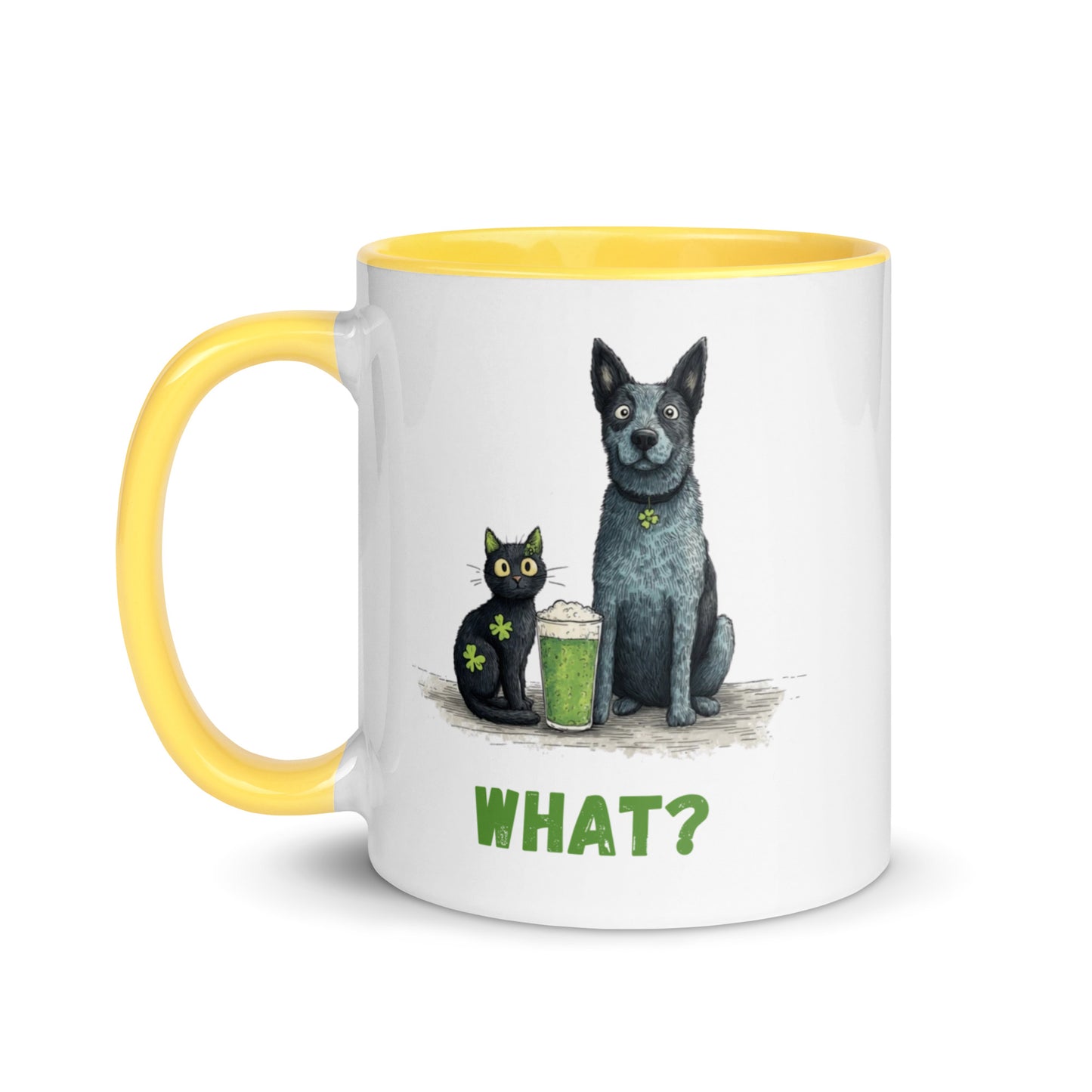 Blue heeler and black cat ‘WHAT?’ mug with yellow rim and handle, green beer and shamrocks