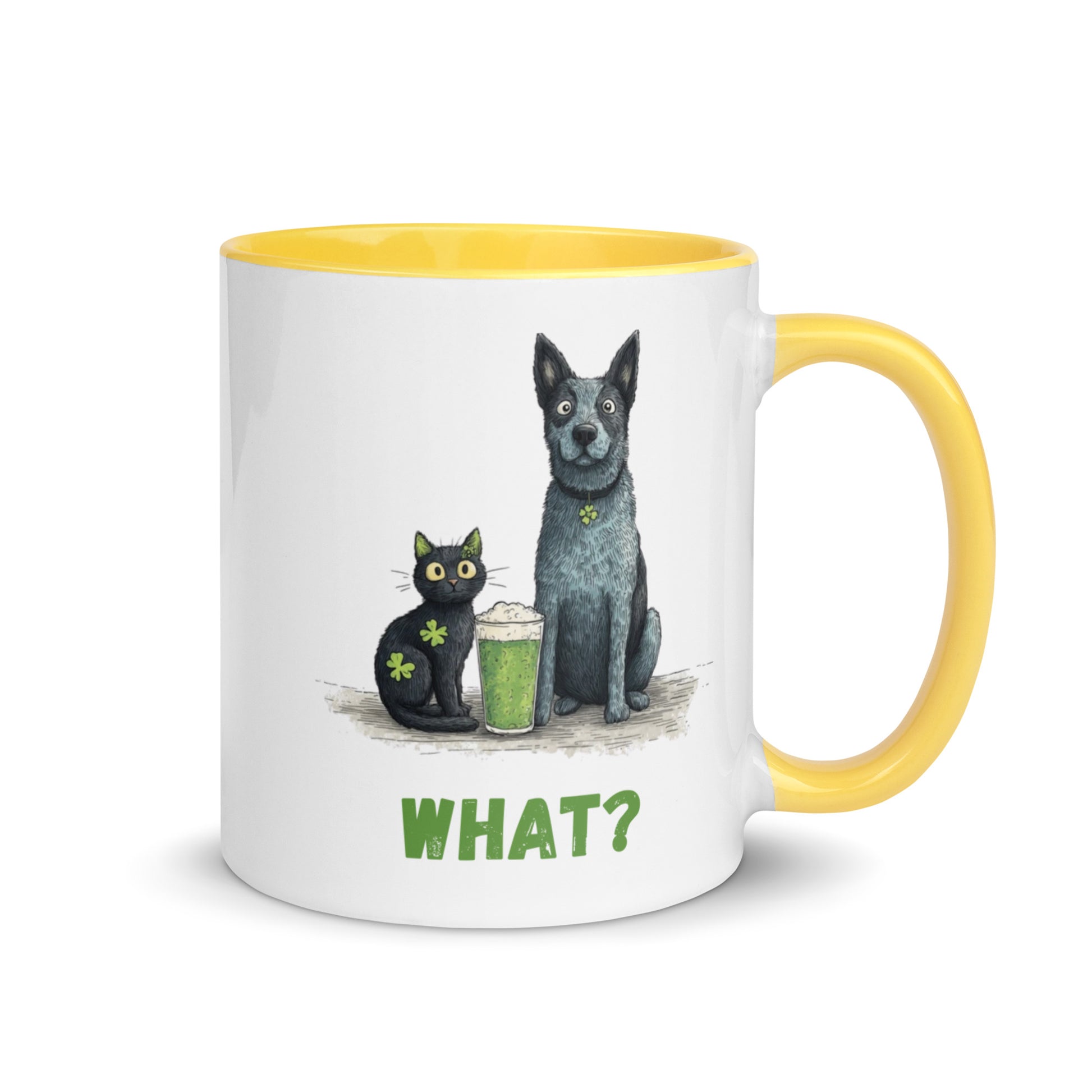 Yellow handle accent mug, blue heeler and black cat St. Patrick’s design, ‘WHAT?’ text